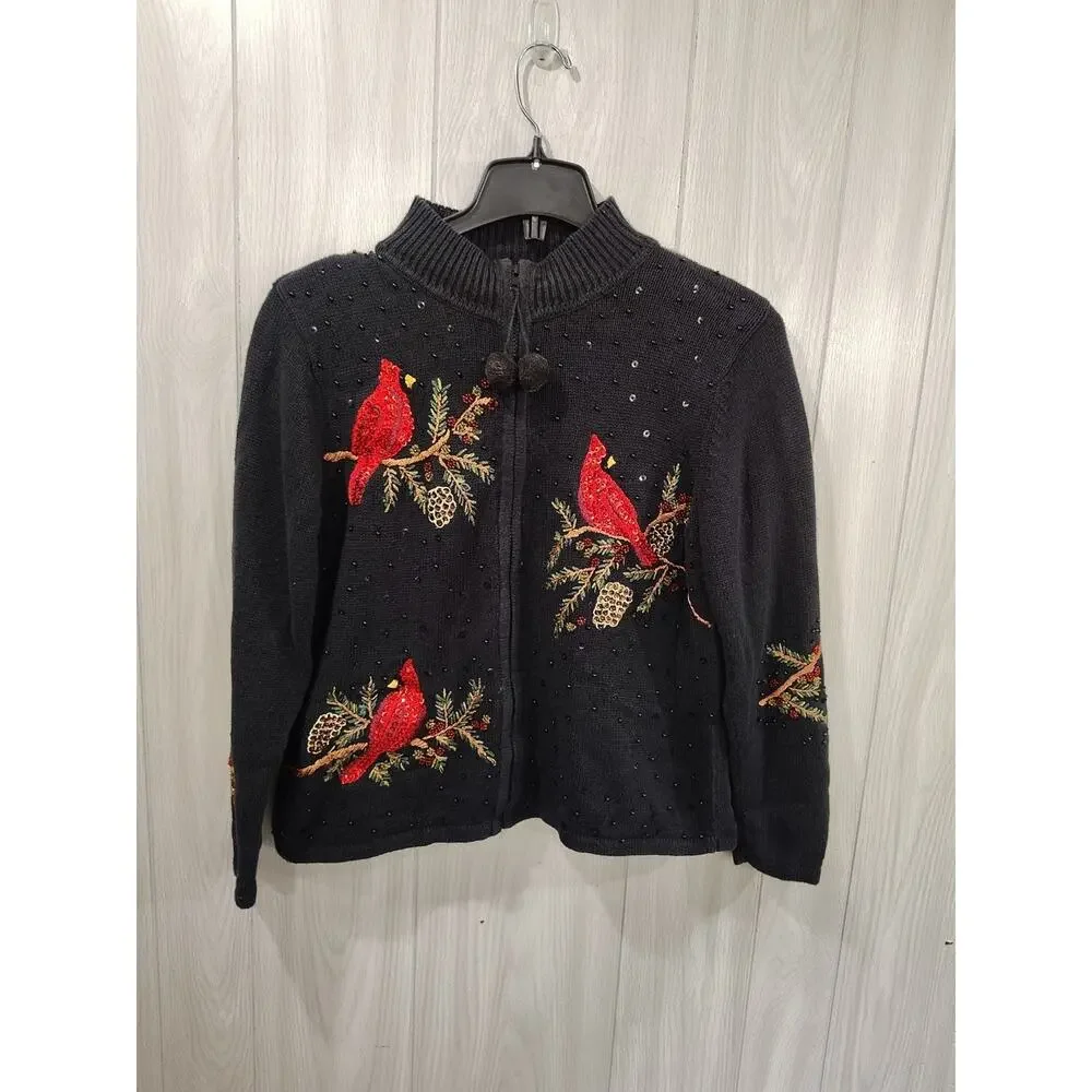 Women's Embellished Full Zip Sweater M Cardinal Grandma Core Mom Embroidered